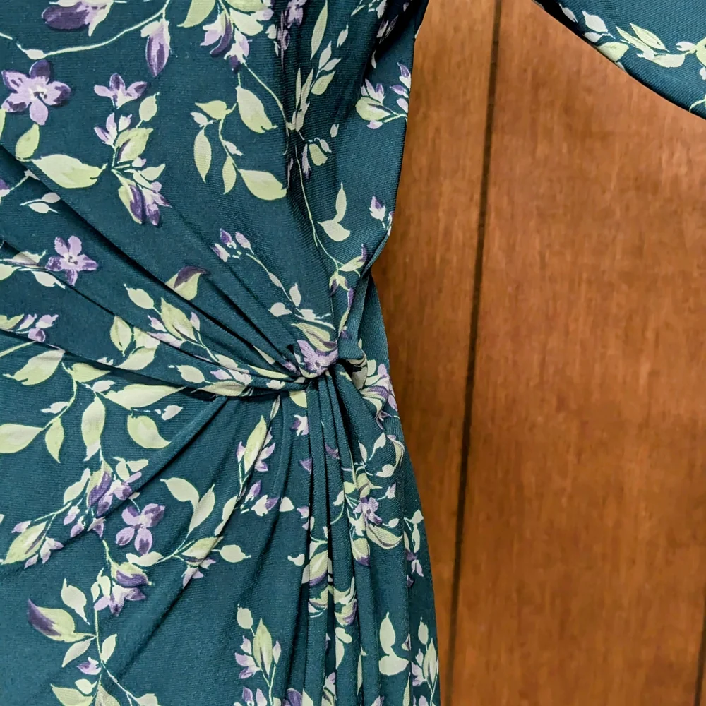 Ralph Lauren Sz10 Green with Purple Floral Pattern Side Gather Cowl Neck Dress - Picture 4 of 11
